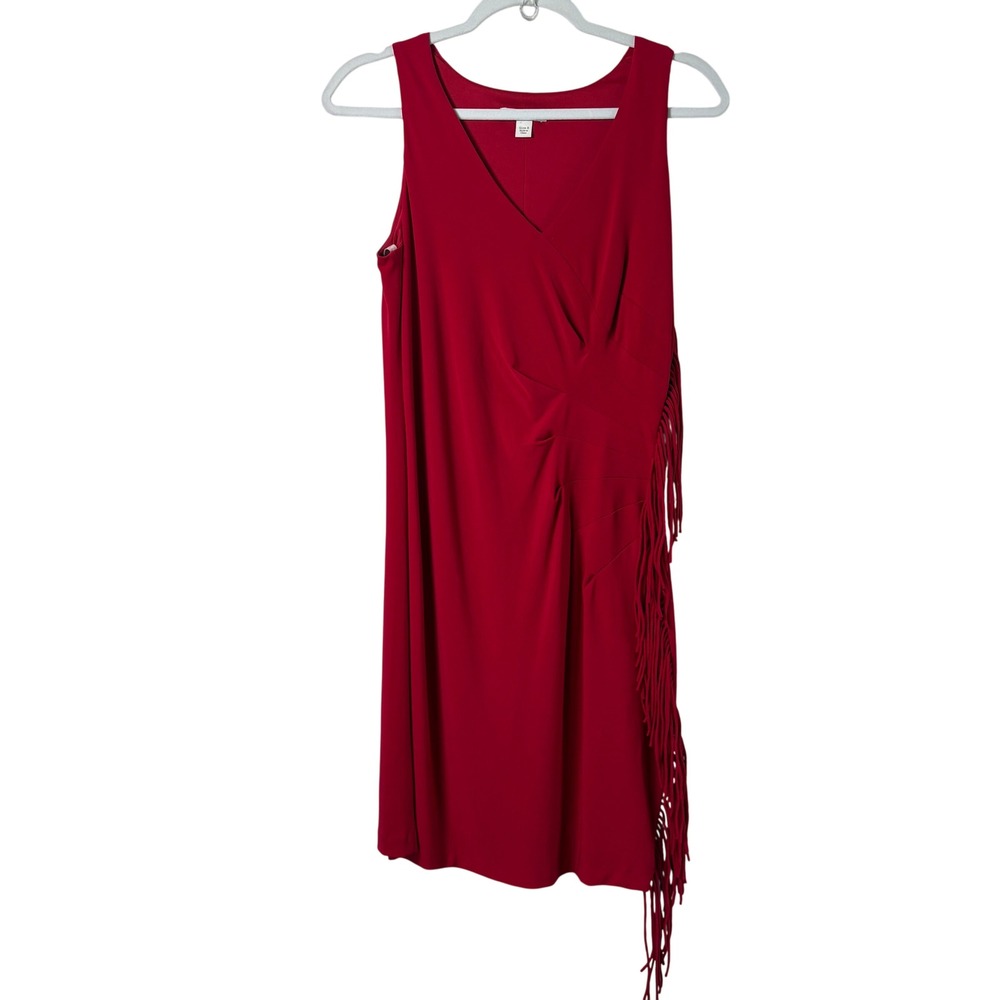 Boston Proper Fringe Sheath Dress Size 8 Red Sleeveless Ruched V-Neck Cocktail